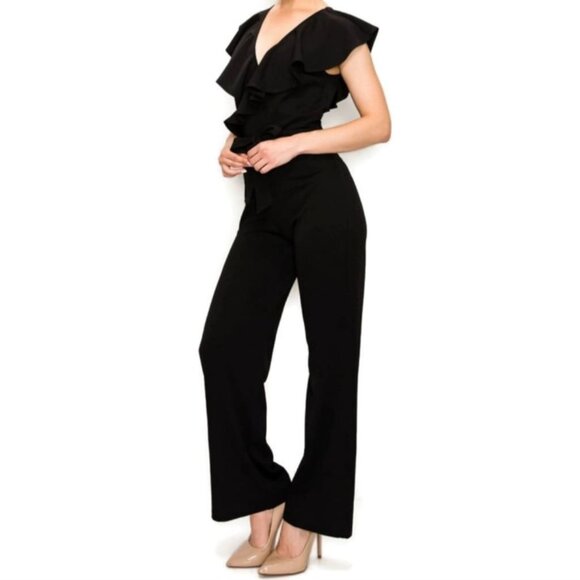 Janette Fashion Black Ruffle V-neck Wide Leg Sleeveless Casual Jumpsuit - Picture 1 of 4
